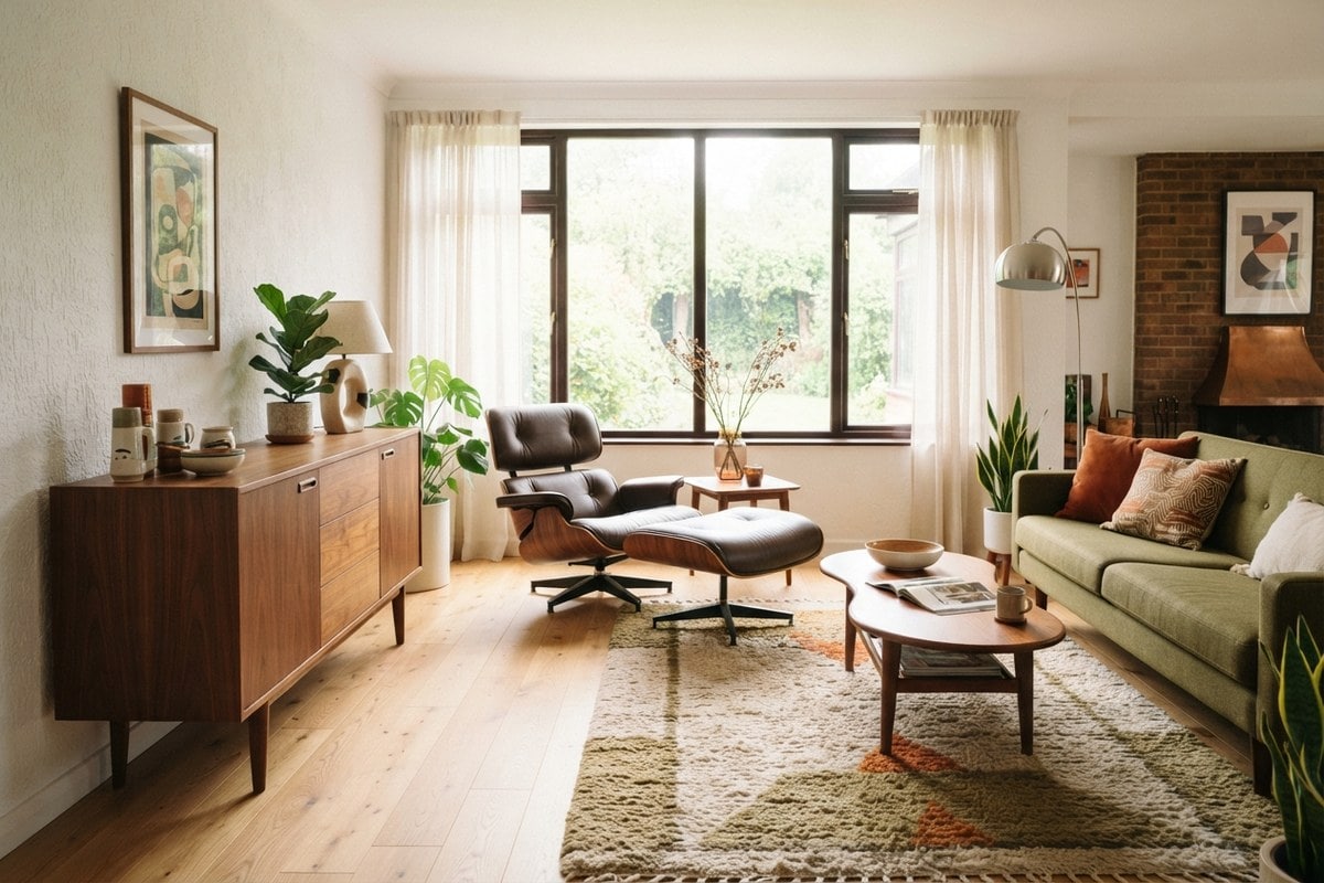 Salon mid-century modern avec enfilade en noyer, fauteuil en cuir et repose-pieds et canapé vert olive