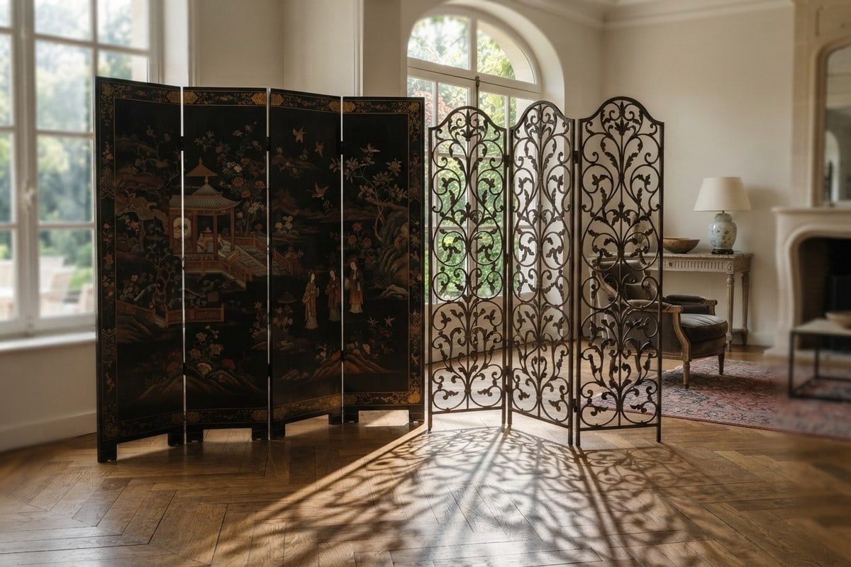 Paravent laqué de Coromandel et paravent en fer forgé ajouré dans un intérieur clair