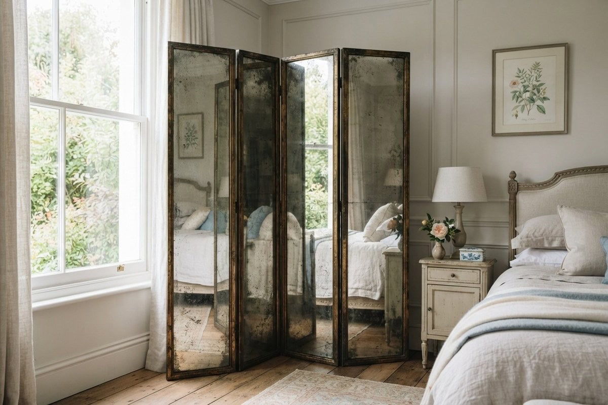 Paravent en miroir patiné près d'une fenêtre dans une chambre claire et sereine