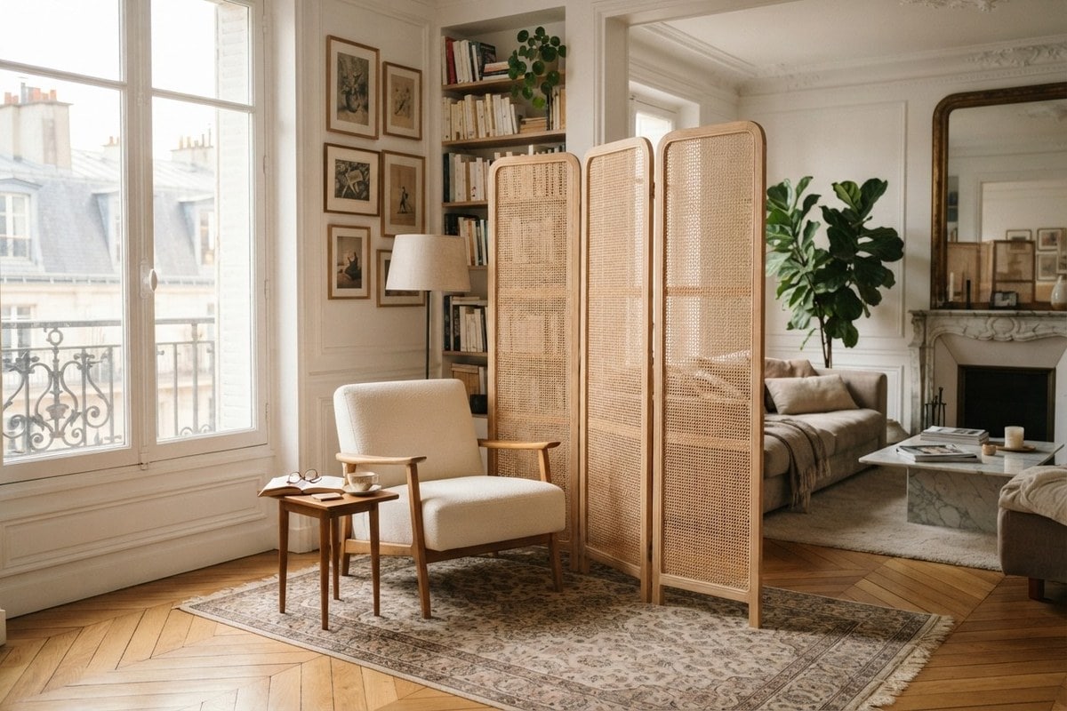 Paravent en cannage et bois clair séparant un coin salon d'un séjour parisien lumineux