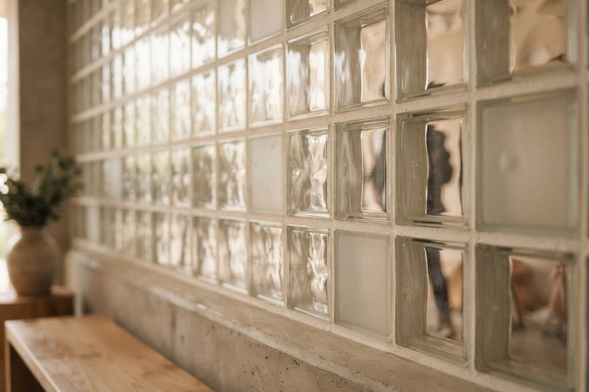 Gros plan sur un mur de briques de verre ondulées diffusant une lumière douce dans un intérieur