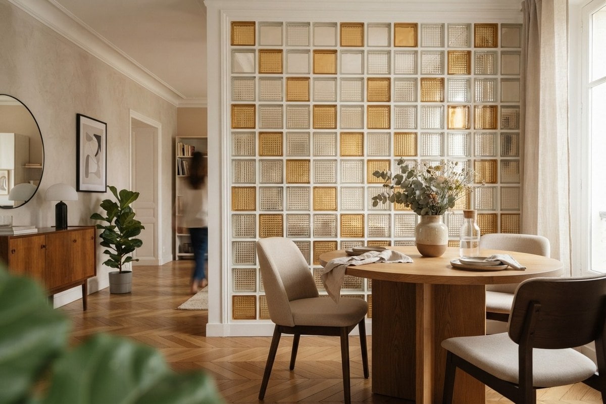 Cloison de pavés de verre mêlant briques transparentes et ambrées près d'une table à manger en bois