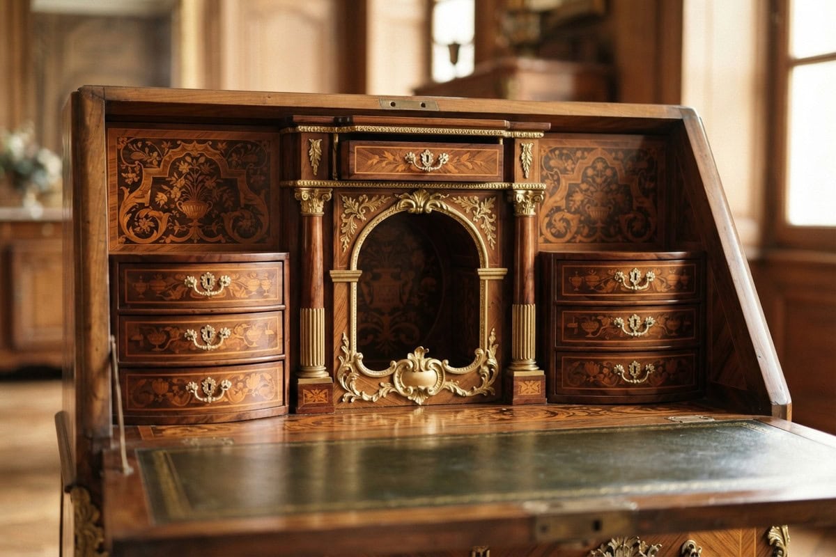 Intérieur marqueté d'un secrétaire du XVIIIe siècle, tiroirs, colonnes et bronzes dorés en gros plan