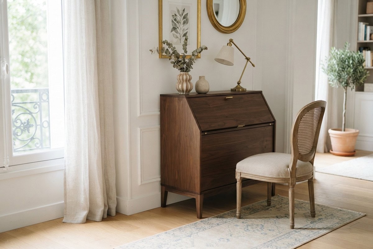 Secrétaire contemporain en noyer fermé dans un angle clair, vases et lampe en laiton posés dessus