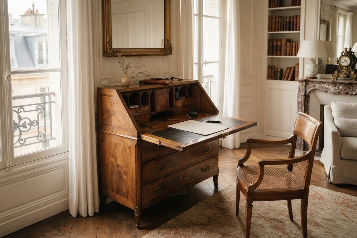 Secrétaire ancien en bois, abattant ouvert, dans un salon parisien lumineux avec fauteuil canné