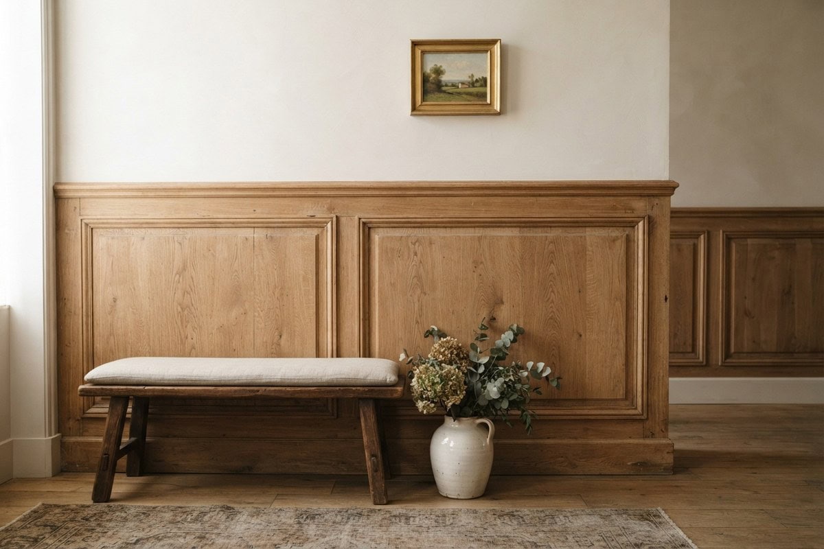Soubassement de bois à panneaux moulurés séparant le bas du mur d'une partie haute peinte, avec un banc et un vase