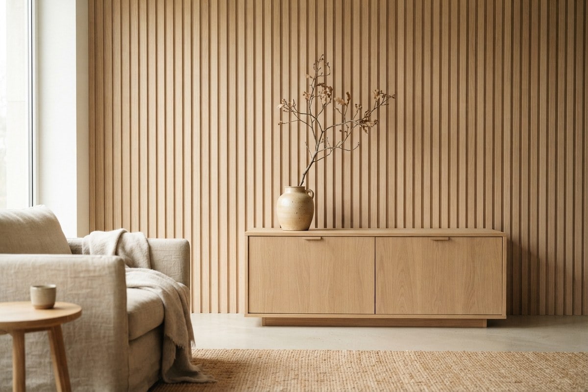 Mur habillé de tasseaux de bois verticaux clairs derrière un buffet bas, avec une branche séchée dans un vase