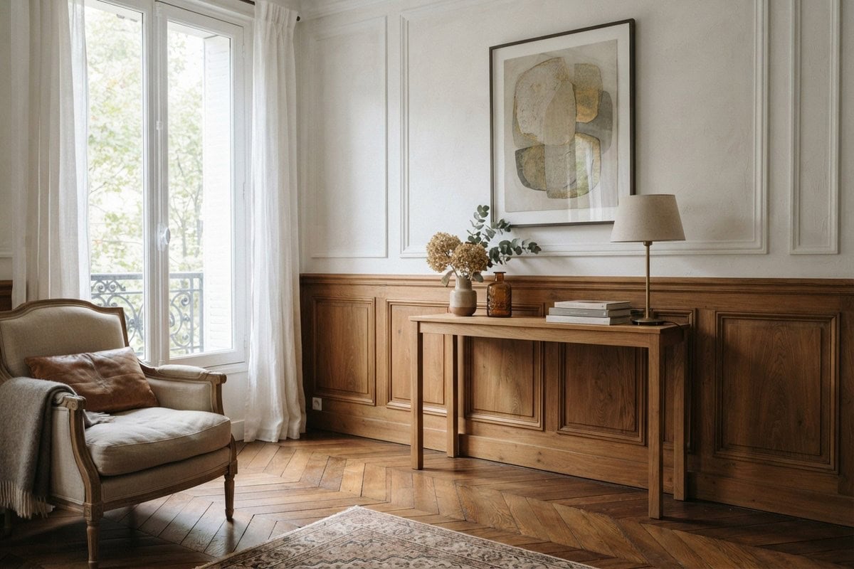 Salon parisien avec soubassement de bois clair sous un mur blanc mouluré, console et fauteuil près d'une fenêtre