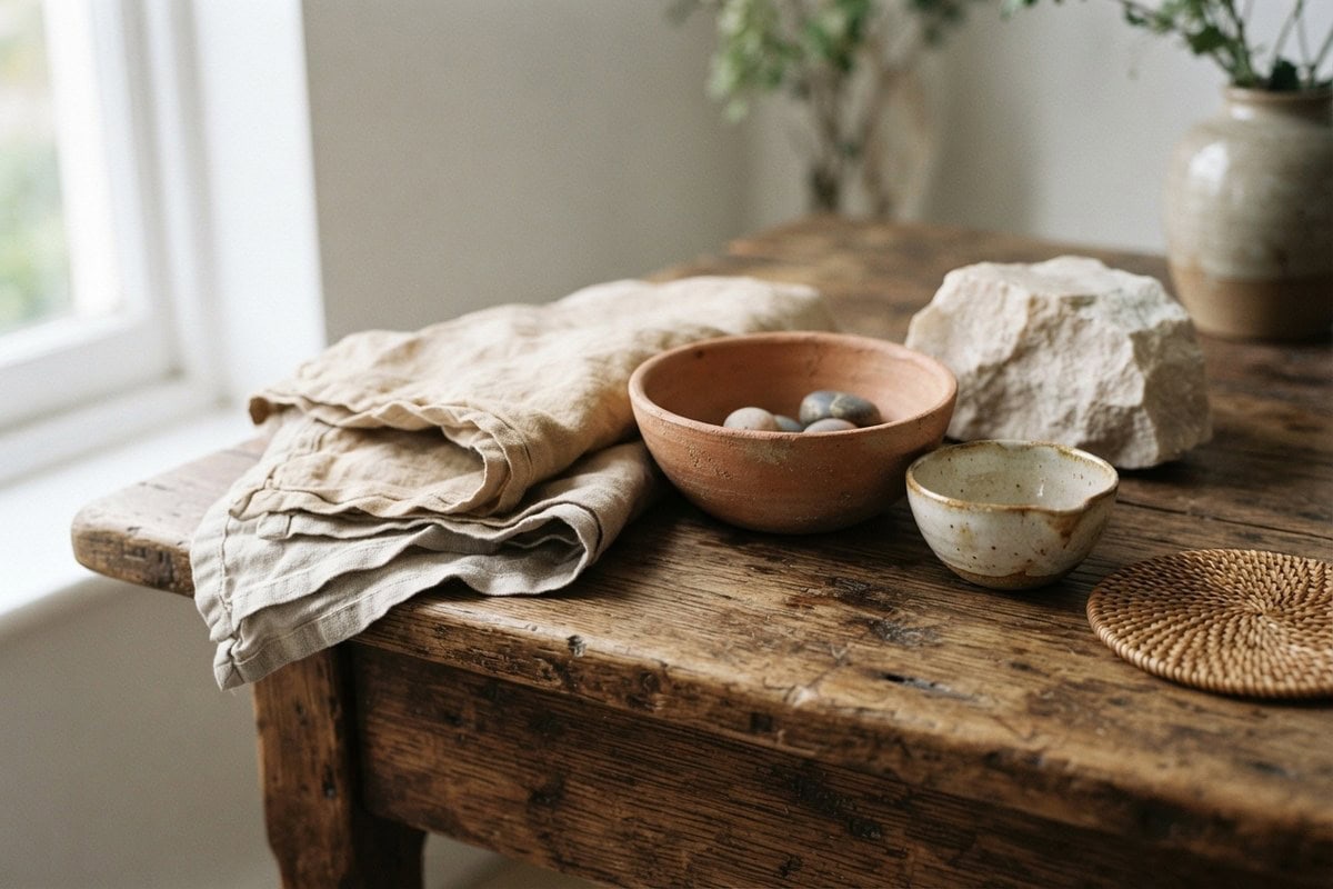 Table en bois patiné avec linge en lin, bols en terre cuite et céramique, pierre brute et dessous de plat en rotin
