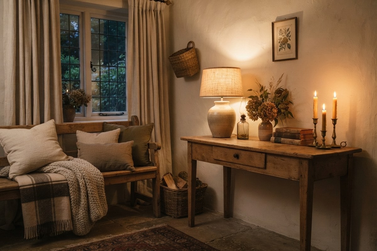 Coin salon à la lumière du soir, lampe à abat-jour en lin, bougies, coussins et plaid en laine sur un banc en bois