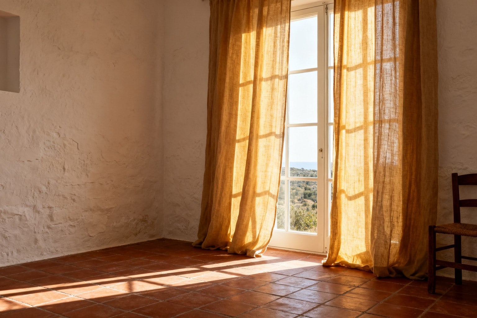 Lumière du soleil filtrée par des voilages de lin dans une pièce aux murs clairs et au sol en terre cuite