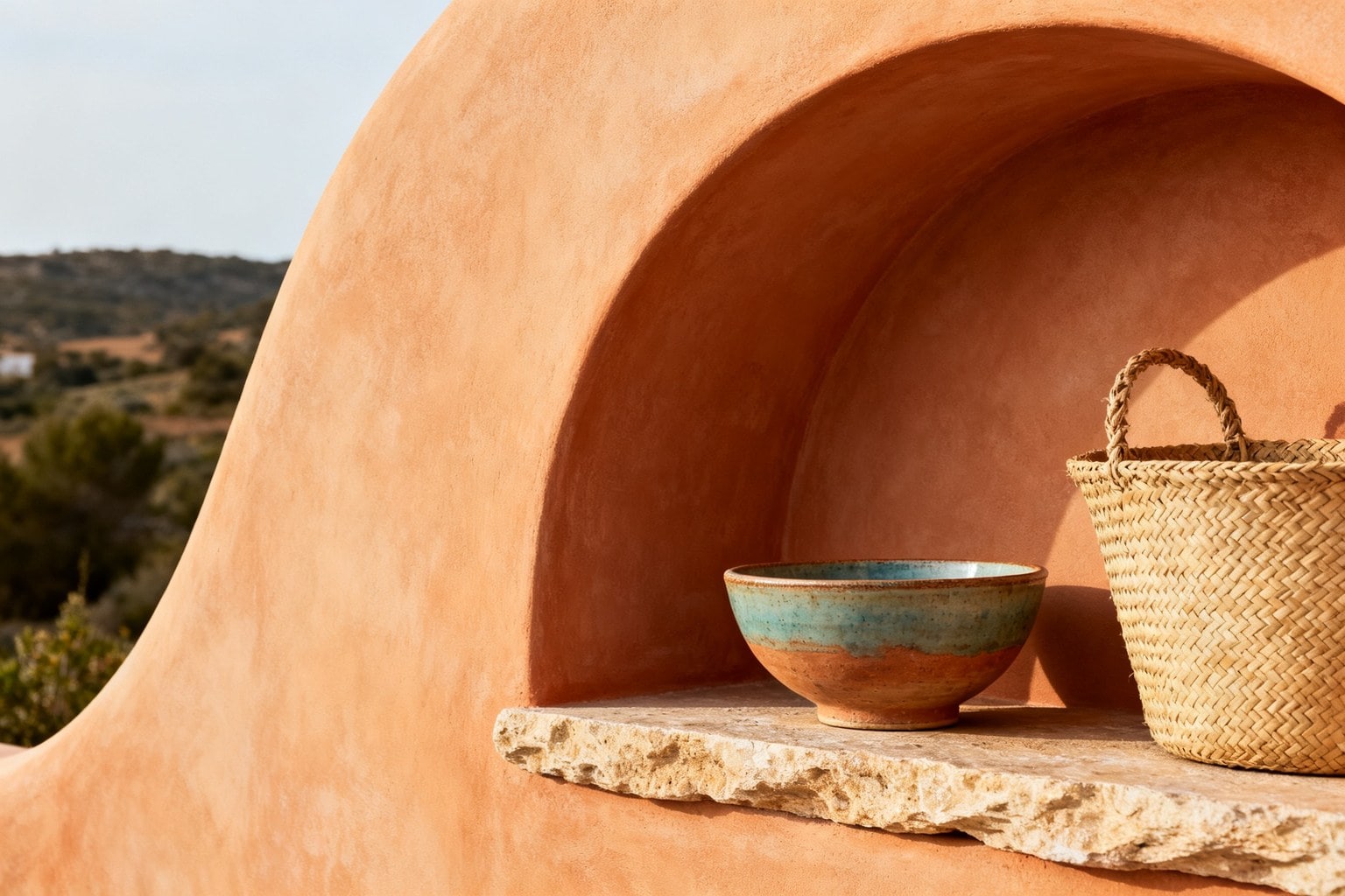 Niche arrondie en enduit ocre avec un bol en céramique émaillée et un panier tressé sur une tablette en pierre