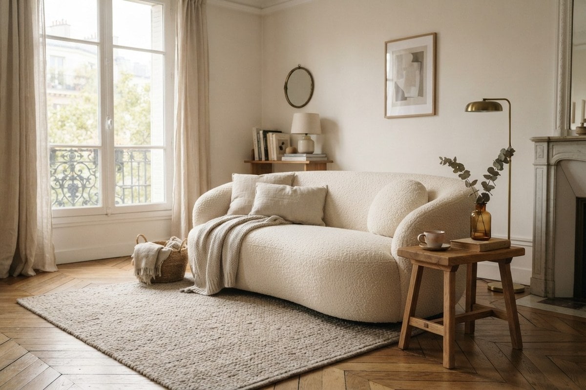 Canapé arrondi en tissu bouclé crème dans un salon parisien clair aux tons doux