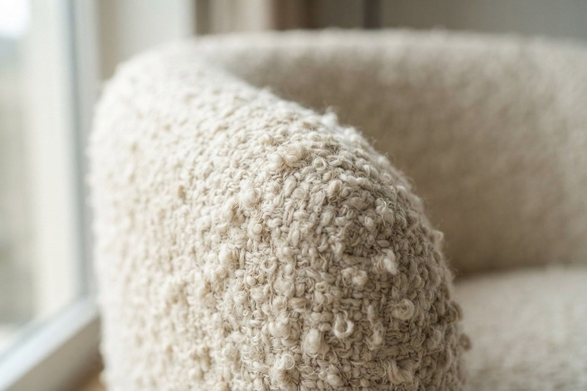 Gros plan sur la texture bouclée d'un fauteuil en laine ivoire aux boucles apparentes