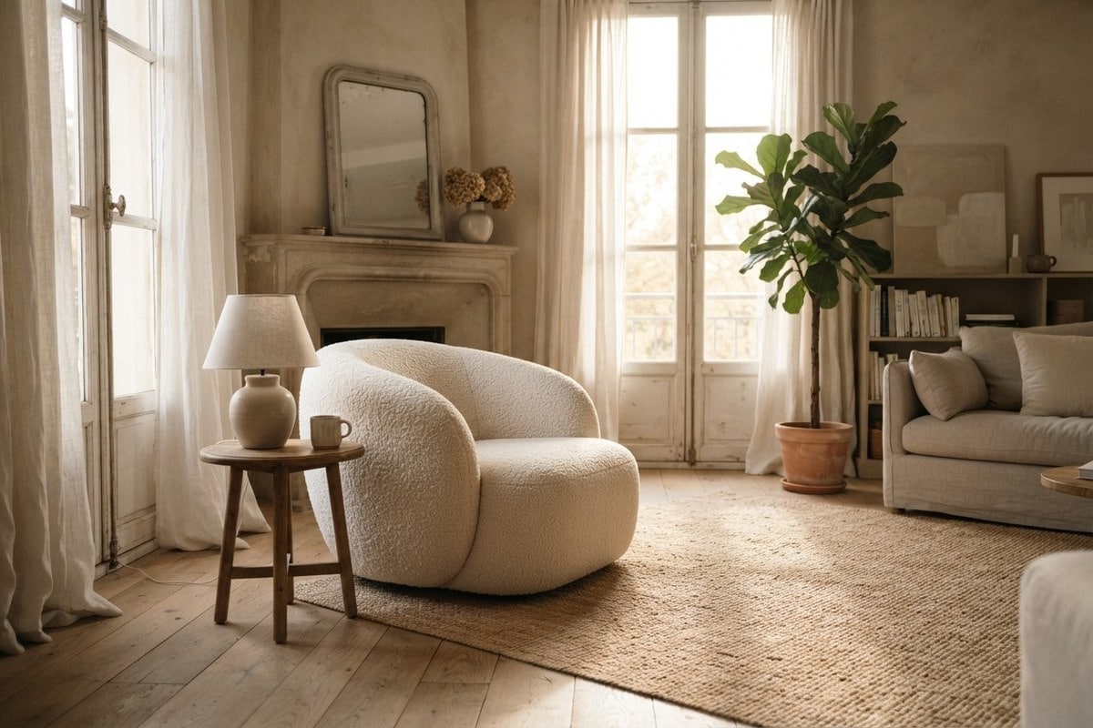 Fauteuil arrondi en tissu bouclé crème dans un salon lumineux aux tons neutres