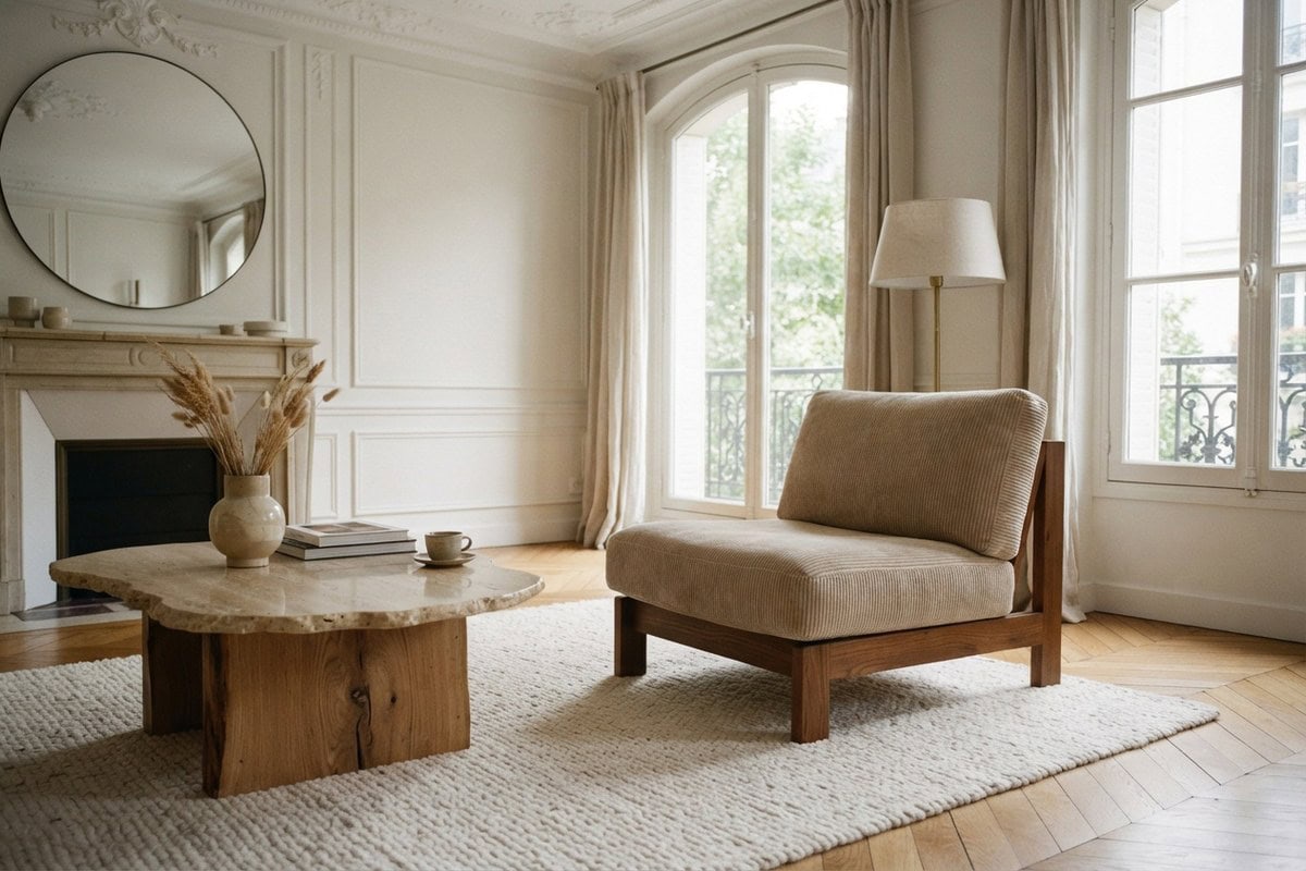 Fauteuil bas en velours côtelé beige, table basse en bois brut et plateau en travertin dans un intérieur clair