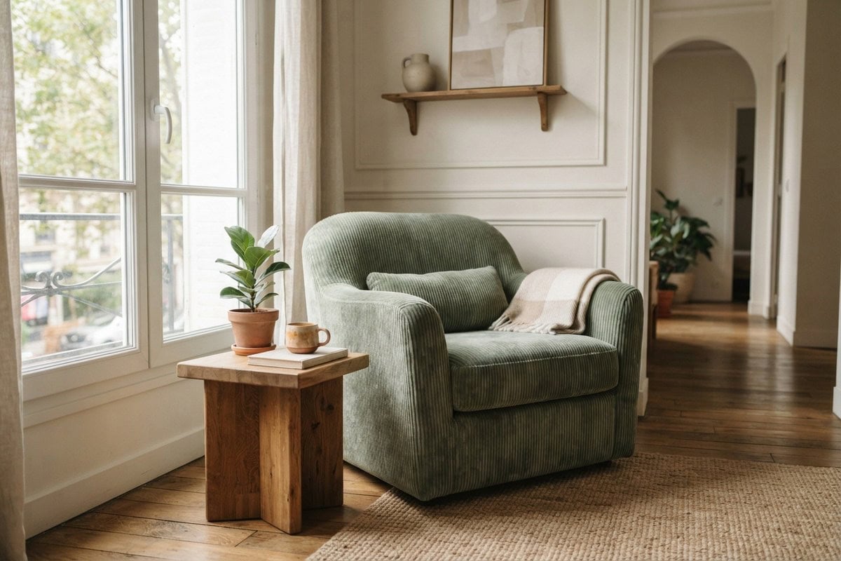 Fauteuil arrondi en velours côtelé vert sauge près d'une fenêtre, dans un salon clair au parquet en chevrons