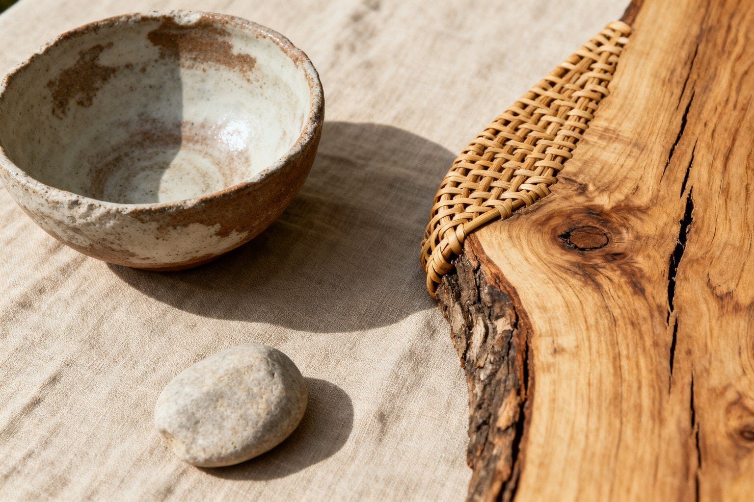 Bol en céramique à glaçure irrégulière, galet, bois de chêne brut et cannage posés sur une toile de lin