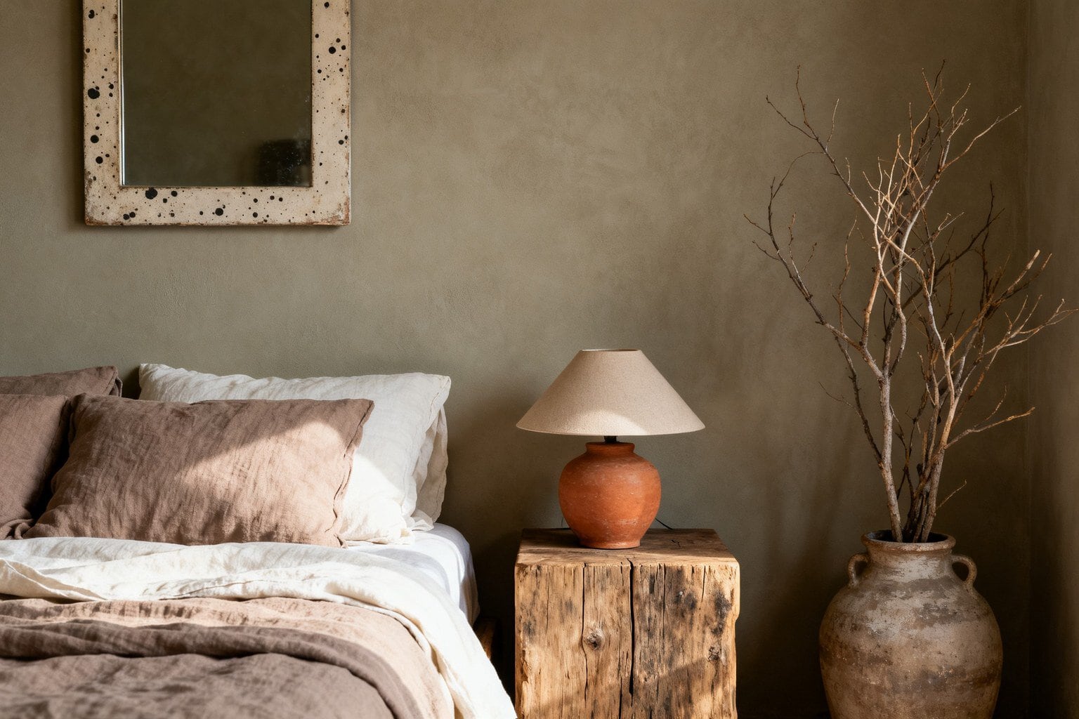 Chambre wabi-sabi avec literie en lin taupe, chevet en bois brut, lampe en terre cuite et miroir ancien