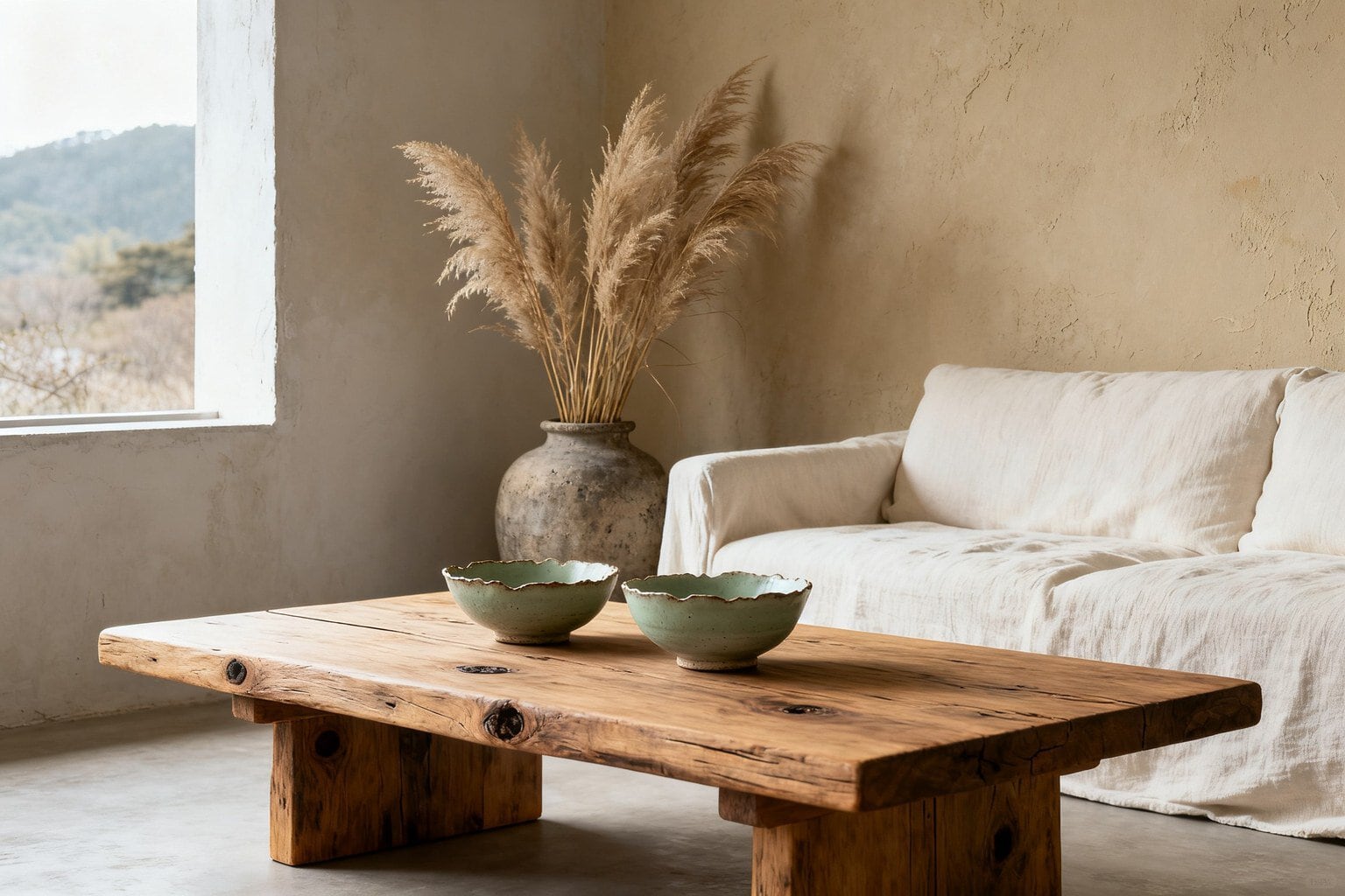 Salon wabi-sabi avec table basse en bois brut, bols en céramique et canapé en lin devant un mur à la chaux