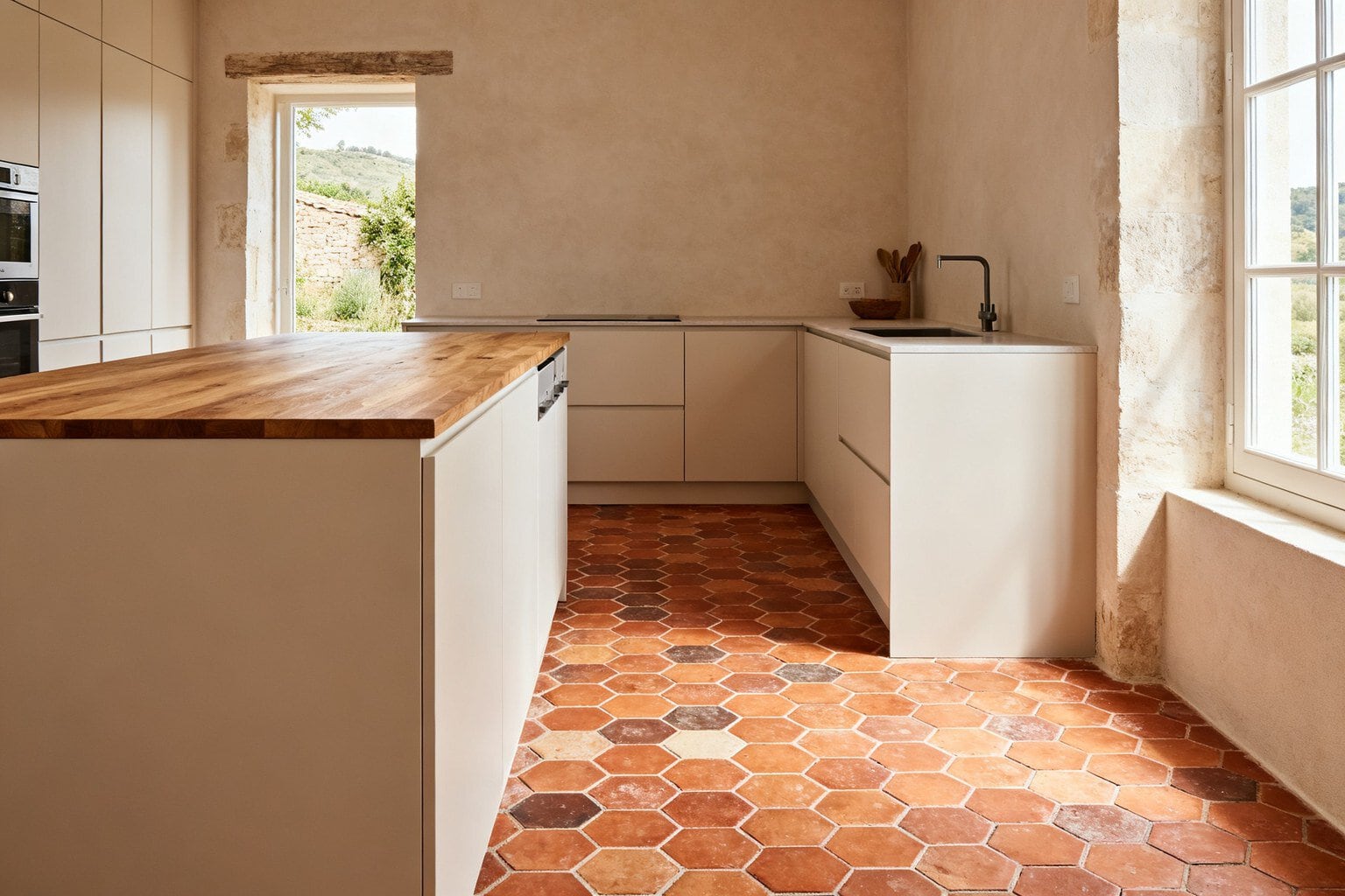 Cuisine moderne au sol de tomettes en terre cuite, façades épurées et plan de travail en bois