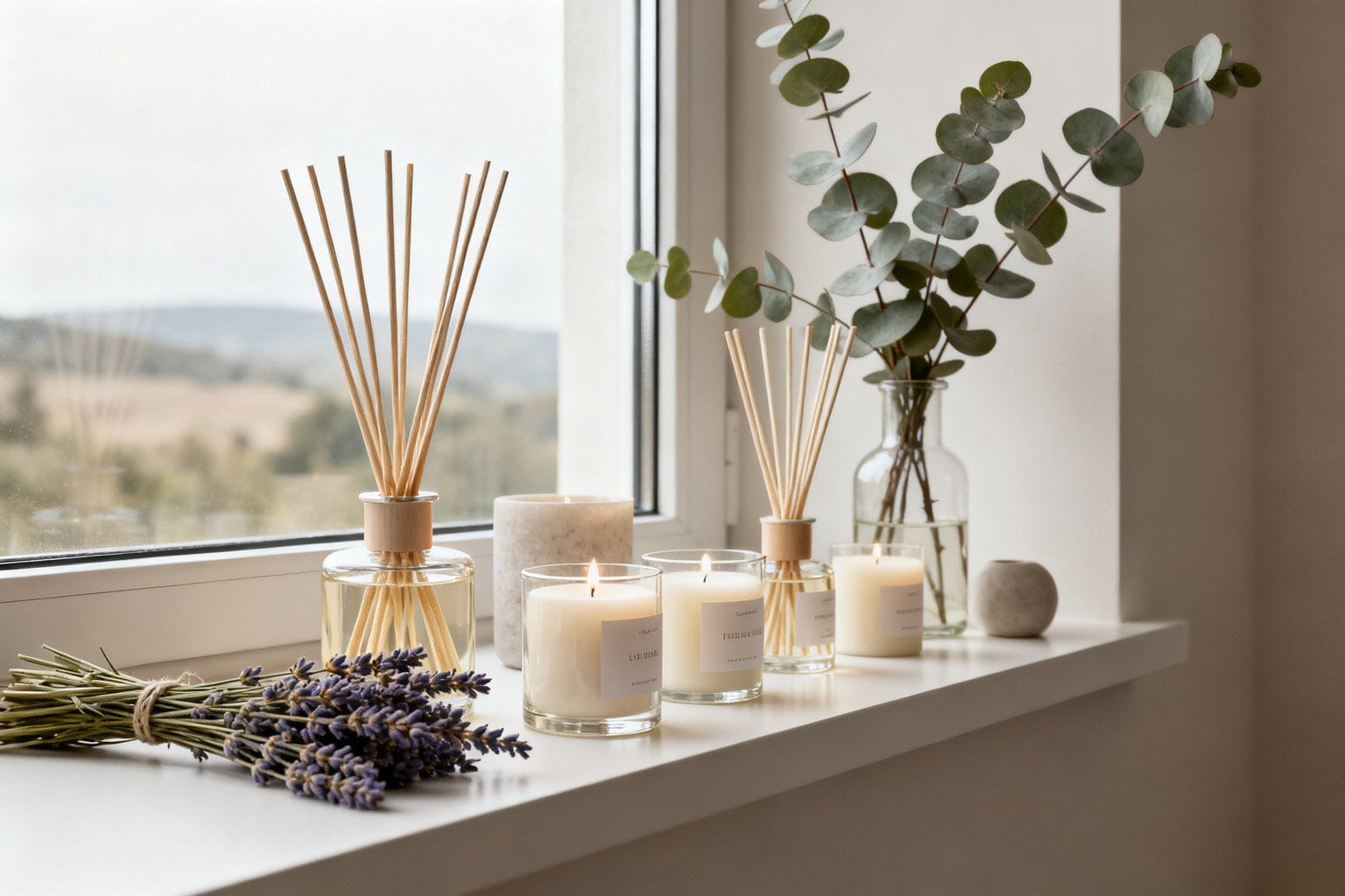 Diffuseurs, bougies, lavande séchée et eucalyptus disposés sur un rebord de fenêtre lumineux