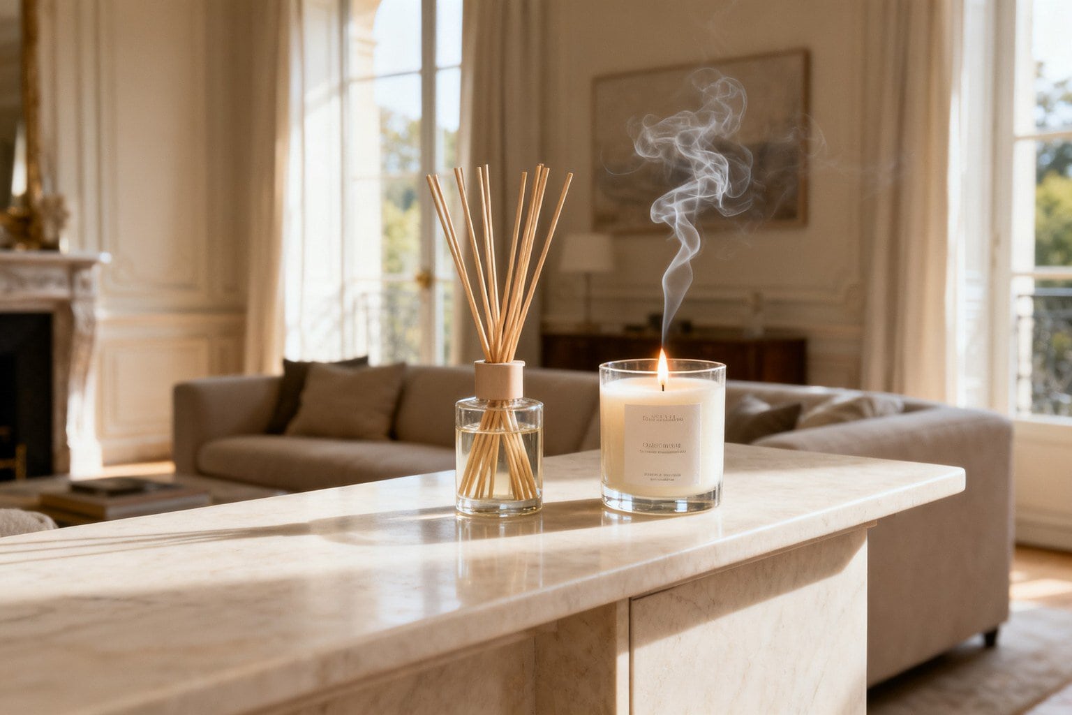 Diffuseur à bâtonnets et bougie parfumée allumée posés sur une console en marbre dans un salon lumineux