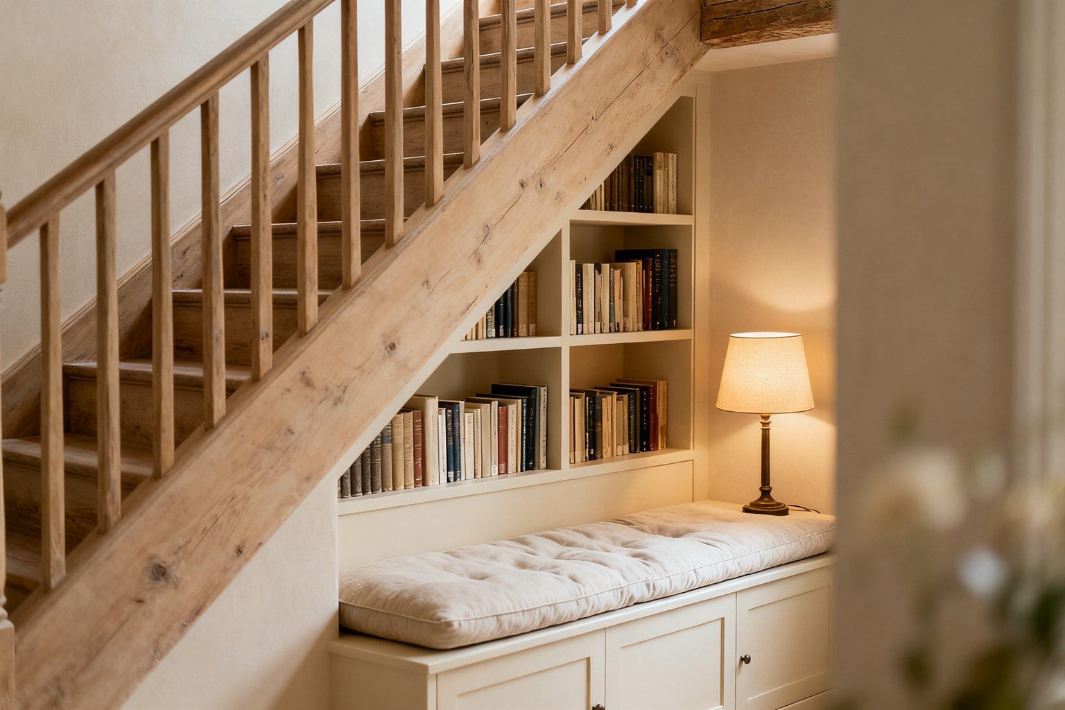 Coin lecture aménagé sous un escalier en bois, bibliothèque encastrée, banquette et lampe allumée
