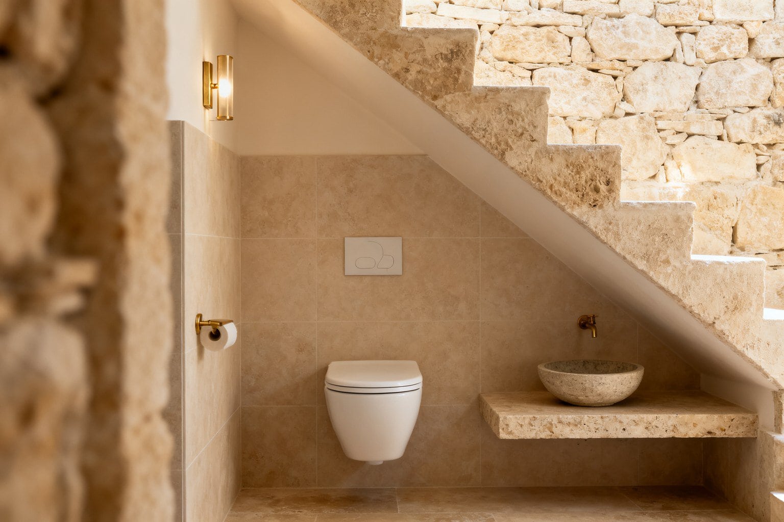 Toilettes d'appoint aménagées sous un escalier en pierre, WC suspendu et vasque en pierre