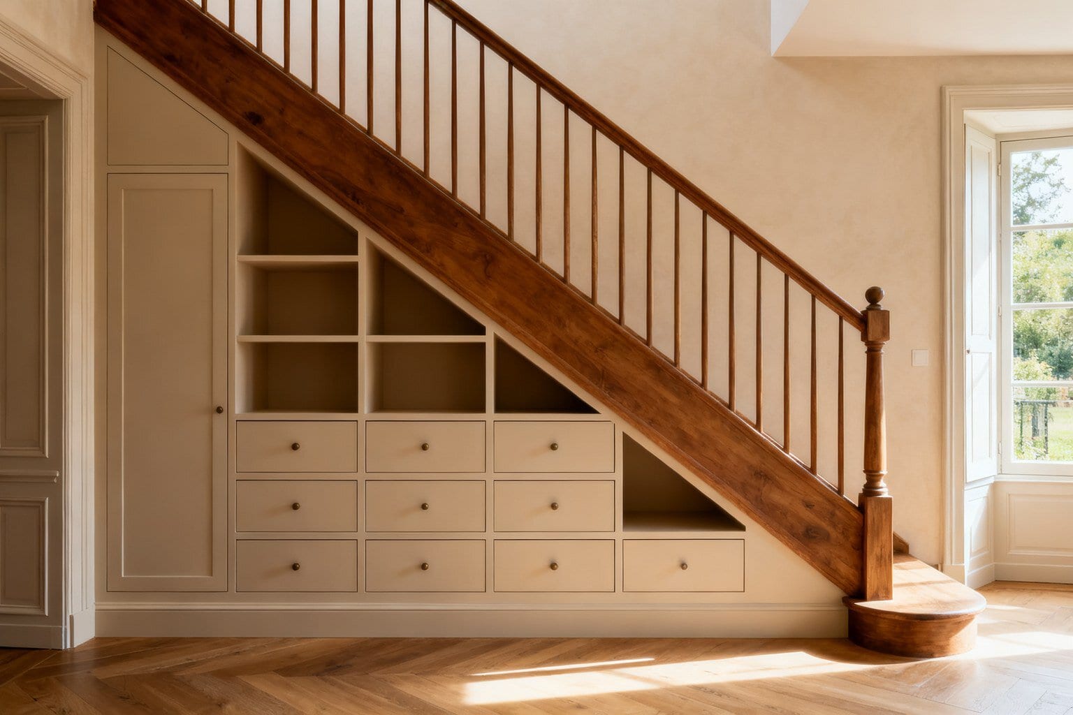 Rangement sur mesure en bois clair sous un escalier, tiroirs et étagères épousant la pente