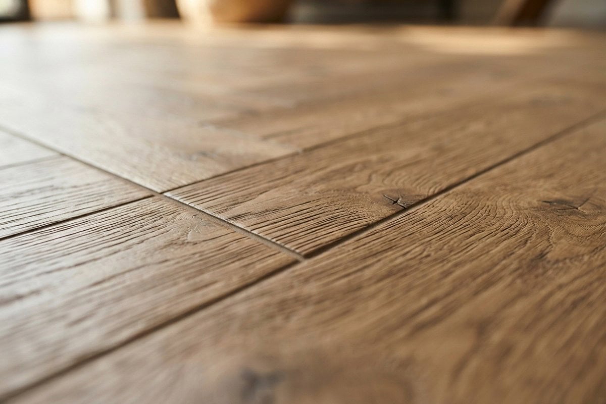 Gros plan sur des lames de carrelage effet bois au veinage et aux nœuds marqués, séparées par un joint fin