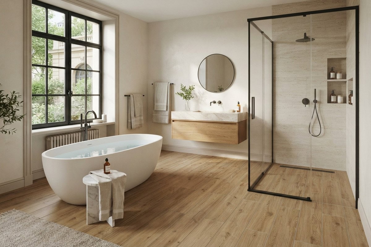 Salle de bains contemporaine au sol effet bois ton chêne, baignoire îlot et douche à l'italienne vitrée