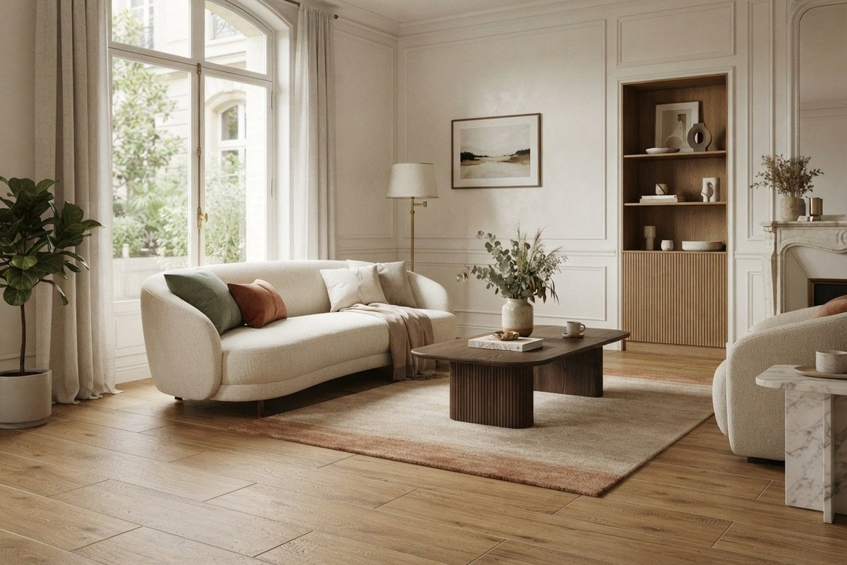 Salon contemporain lumineux au sol en lames larges effet bois ton chêne, canapé bouclé crème et cheminée en marbre