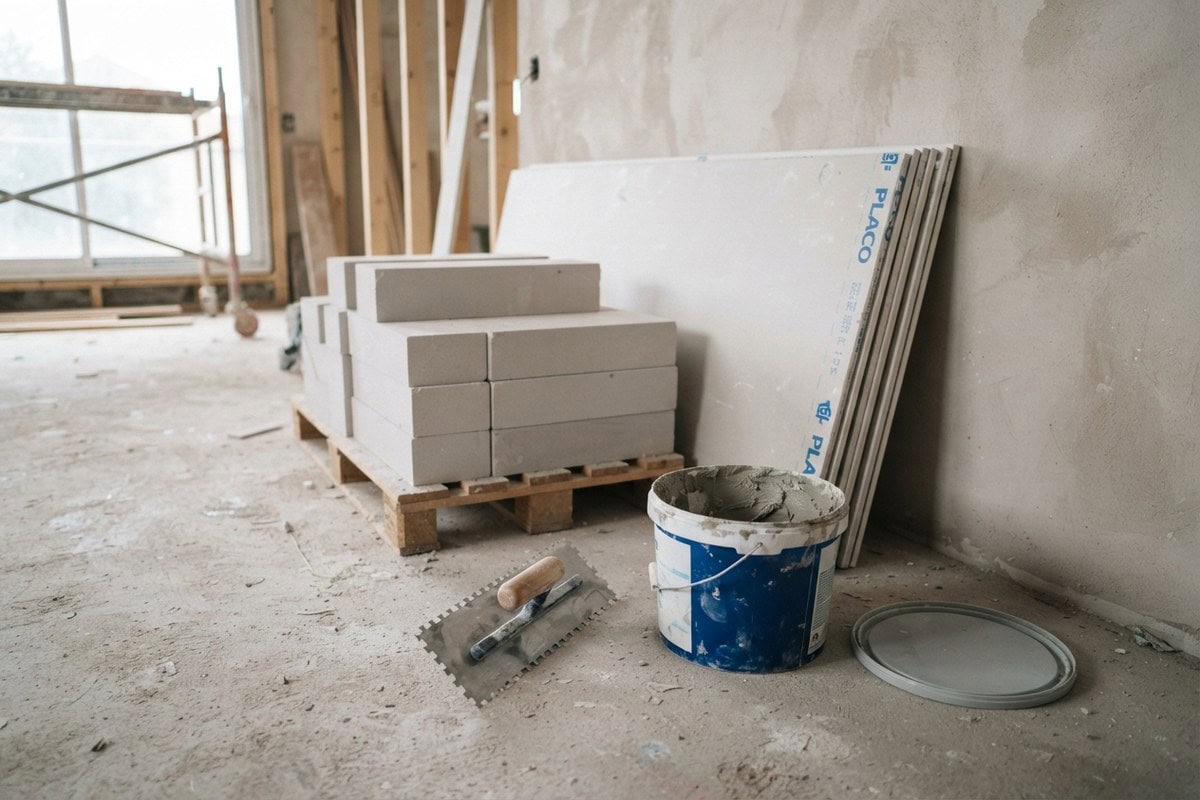 Plaques de plâtre et carreaux de plâtre empilés sur une palette, truelle crantée et seau de colle au sol