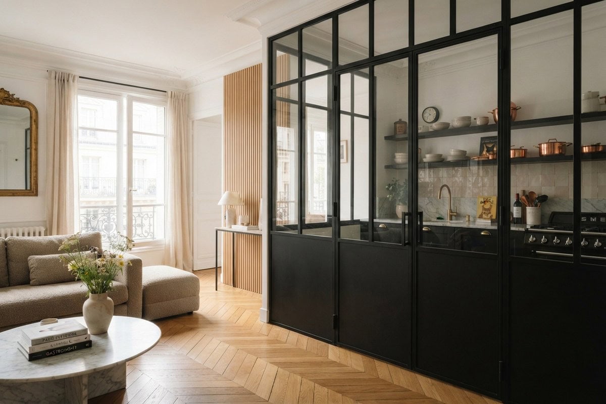 Verrière d'atelier noire séparant une cuisine d'un salon, parquet à chevrons et panneau de tasseaux de bois