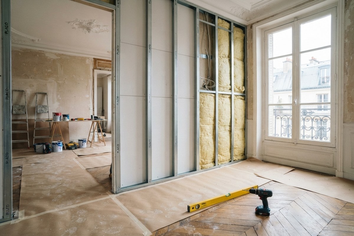 Cloison en plaque de plâtre en cours de montage sur ossature métallique dans un appartement haussmannien