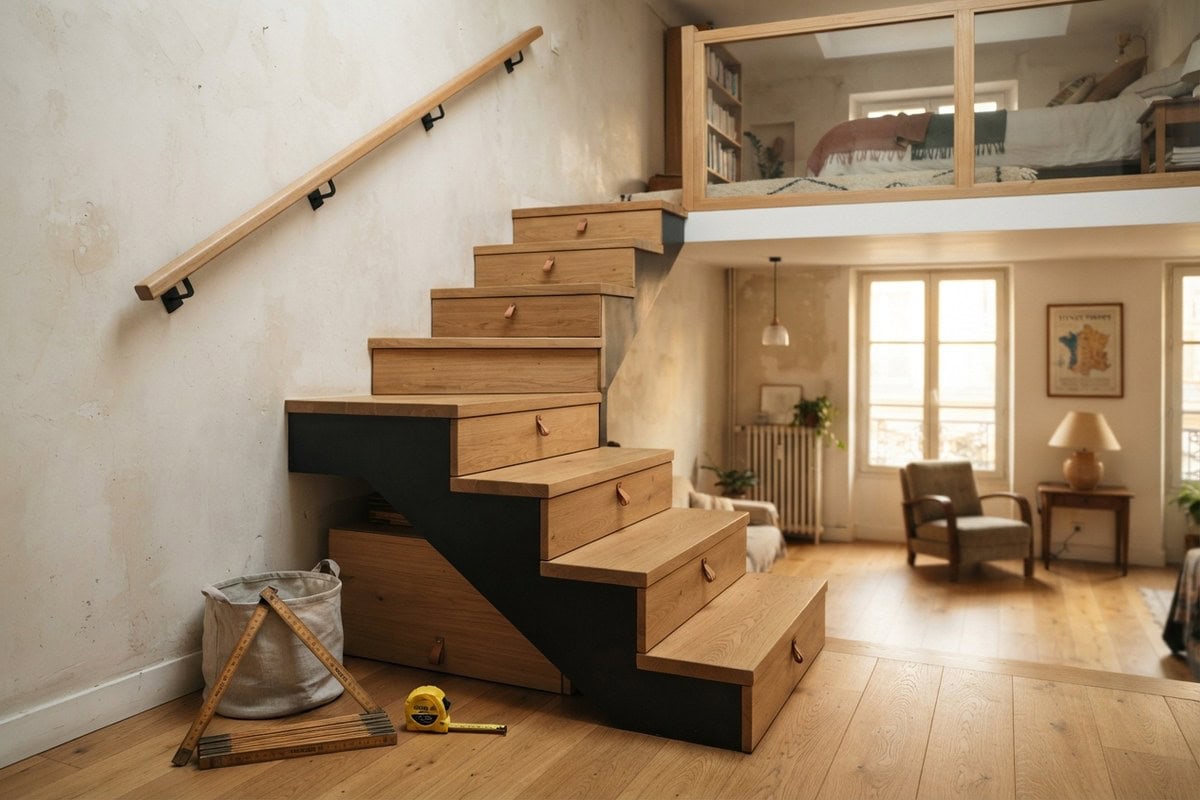 Escalier en chêne à tiroirs intégrés menant à une mezzanine, main courante murale et mètre pliant au sol