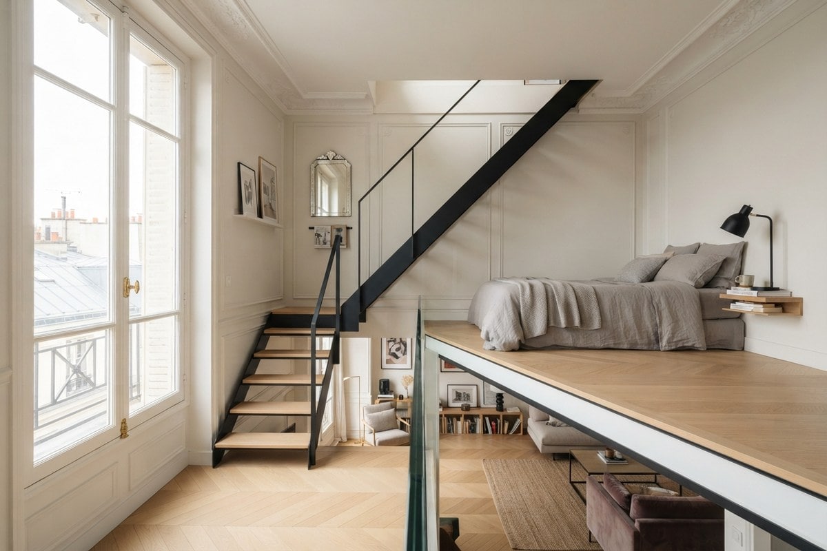 Mezzanine en chêne clair avec lit, escalier métallique noir et garde-corps vitré dans un appartement parisien