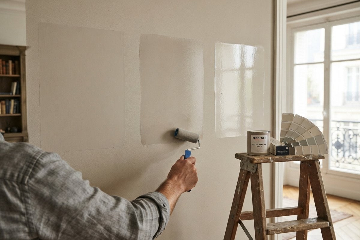 Trois échantillons de peinture beige sur un mur, du mat au satiné, testés au rouleau près d'un escabeau et d'un nuancier