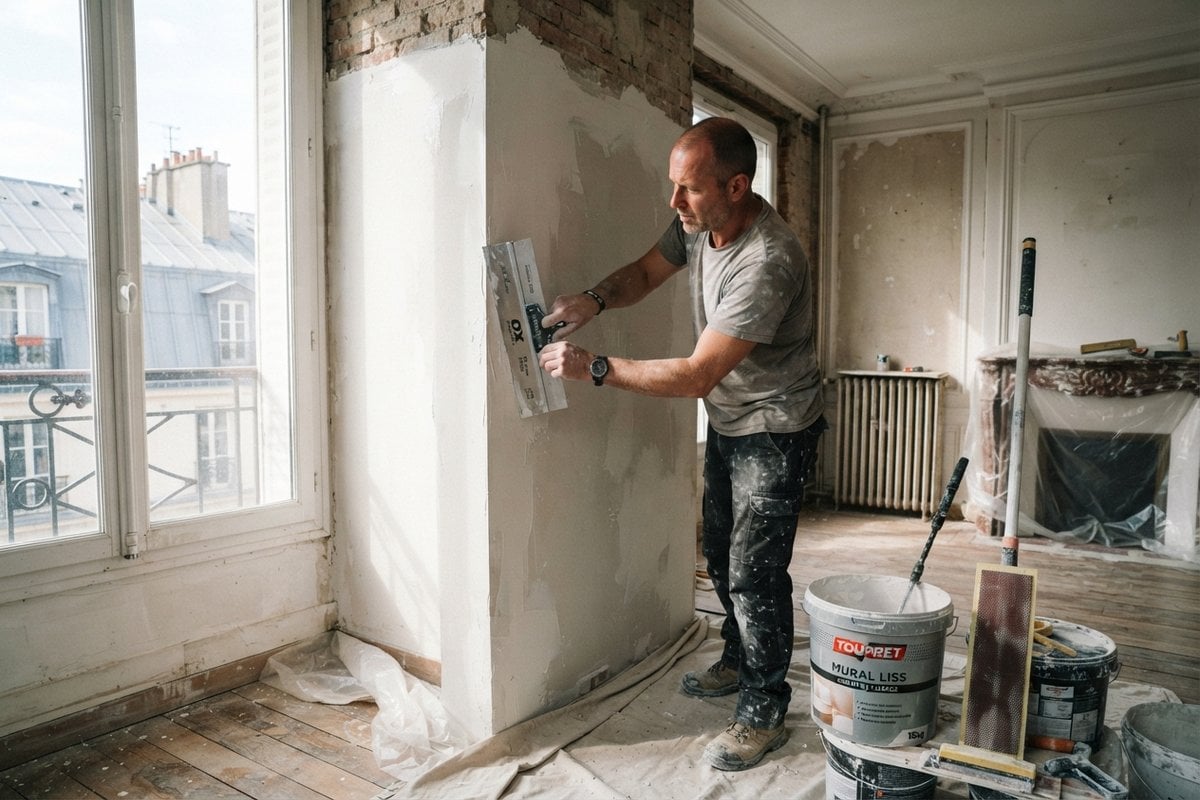 Artisan ratissant à l'enduit un mur d'appartement ancien en rénovation, seaux d'enduit Toupret au pied du mur