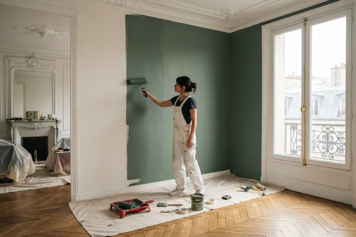 Peintre en salopette appliquant au rouleau un vert sauge sur le mur d'un salon haussmannien à parquet en chevrons