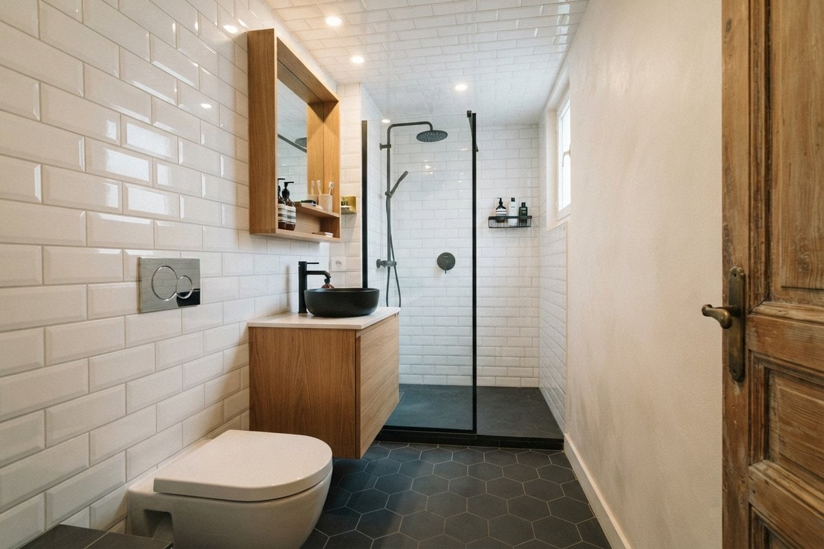 Salle d'eau étroite en longueur : WC suspendu, meuble vasque en chêne et douche vitrée alignés sur un même mur carrelé blanc