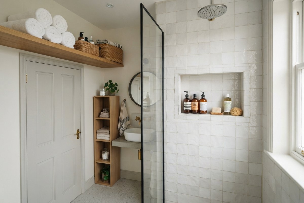 Niche carrelée dans une douche en zellige blanc, étagère de serviettes au-dessus de la porte et colonne de rangement en bois