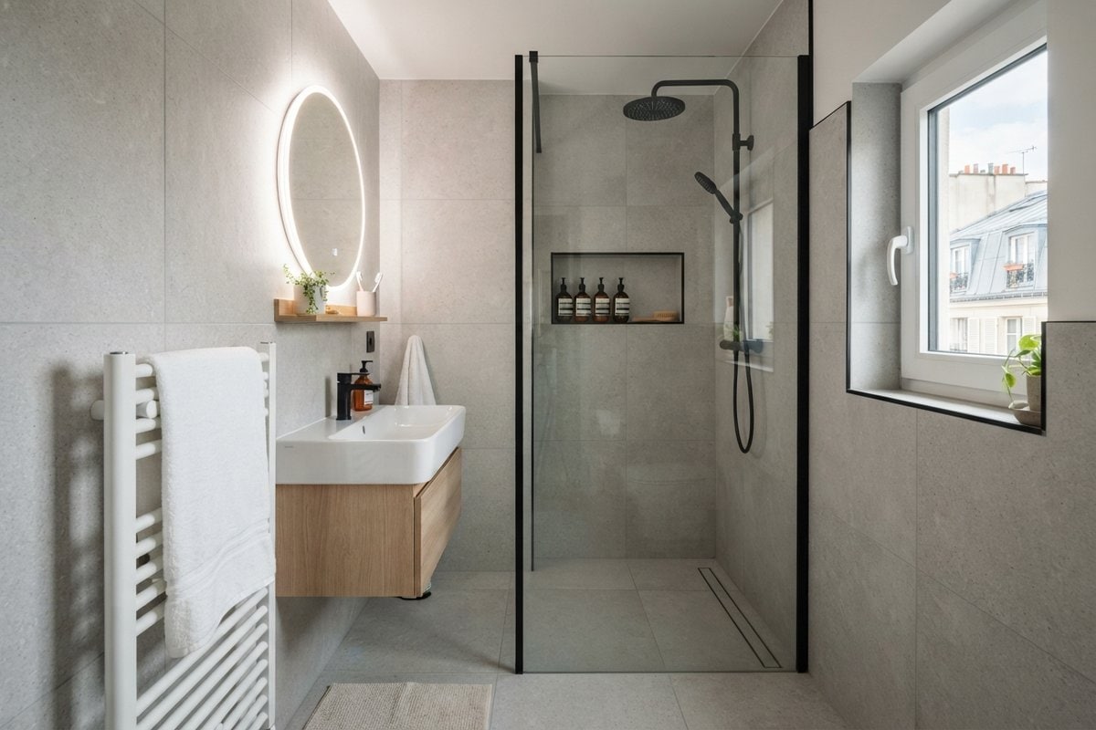 Petite salle d'eau grise avec douche à l'italienne vitrée, niche murale, vasque sur meuble en chêne et miroir rond lumineux