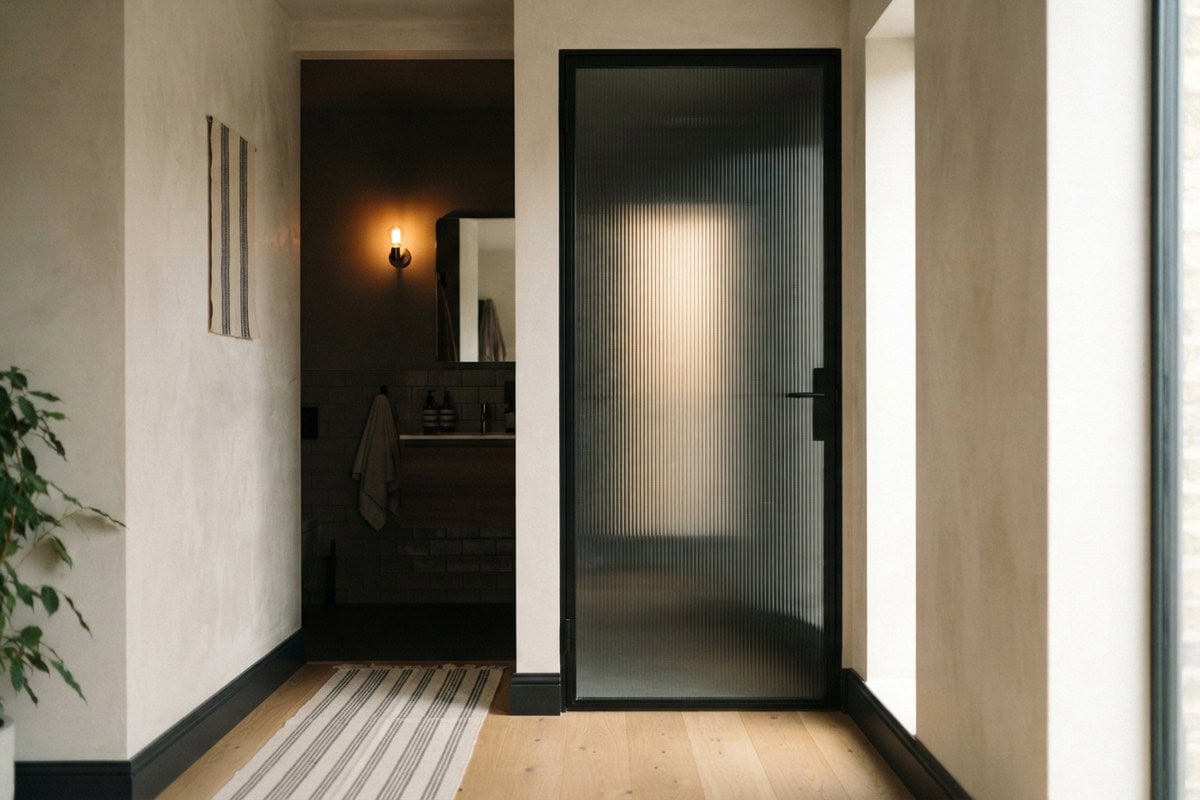 Couloir clair ouvrant sur une salle de bains sombre, porte à verre cannelé dans un cadre métallique noir