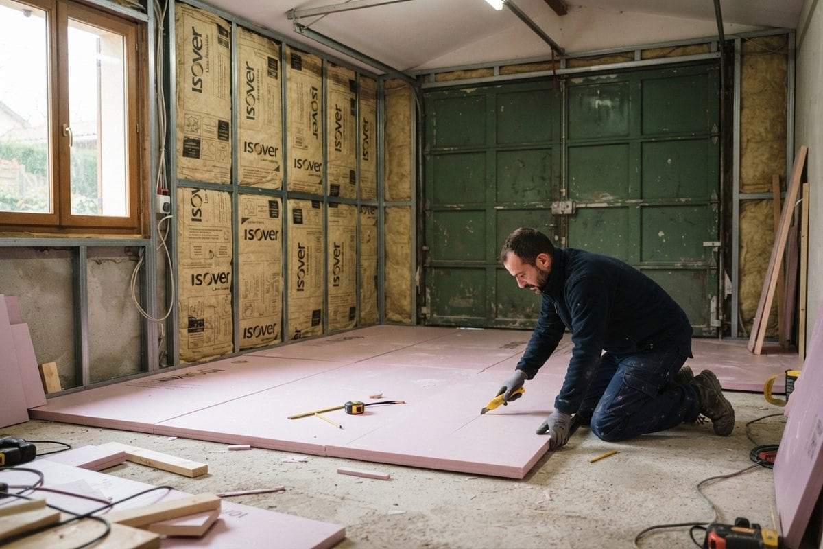 Artisan découpant des panneaux isolants roses posés sur la dalle d'un garage aux murs doublés de laine minérale