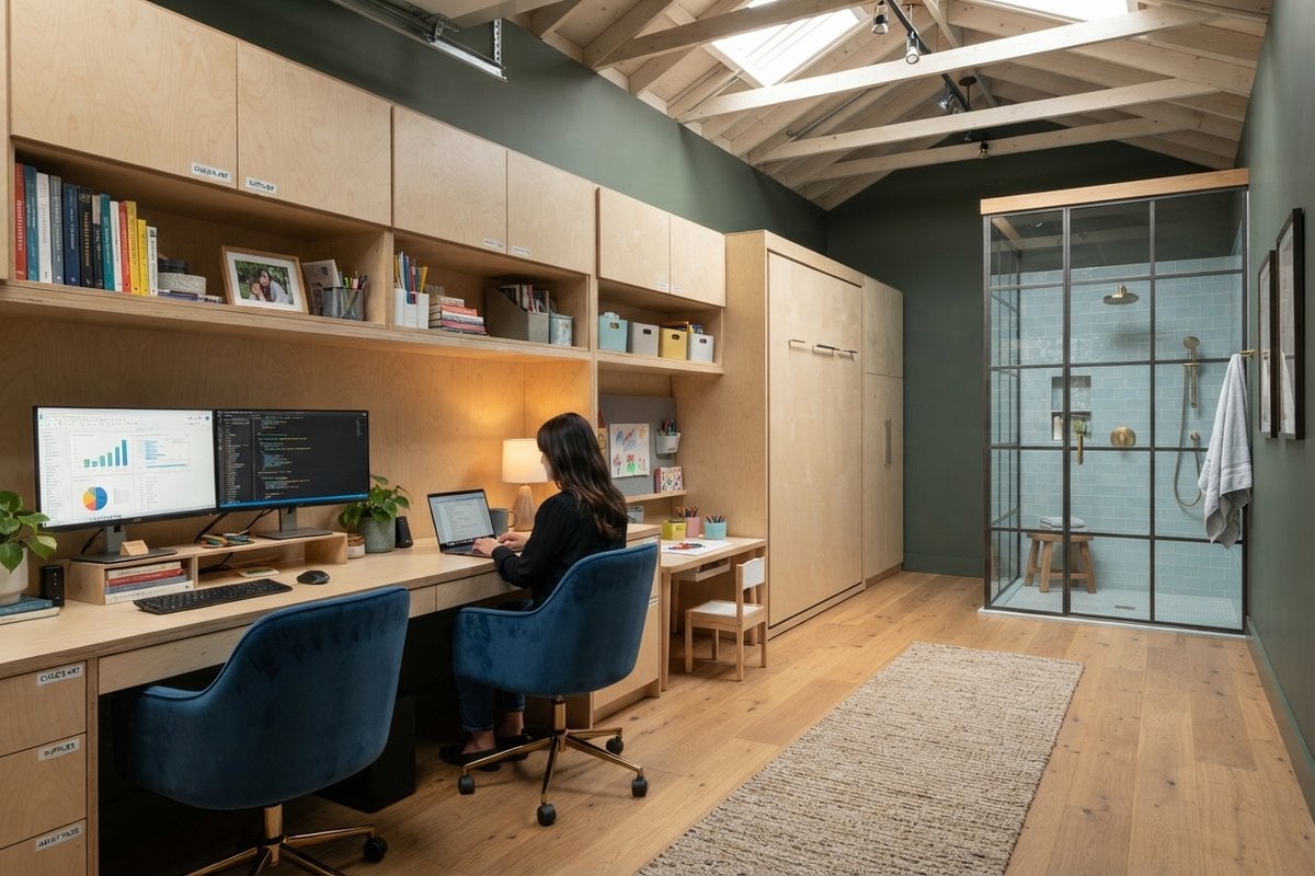Garage haut de plafond transformé en bureau sur mesure à deux postes, avec lit escamotable et douche vitrée au fond