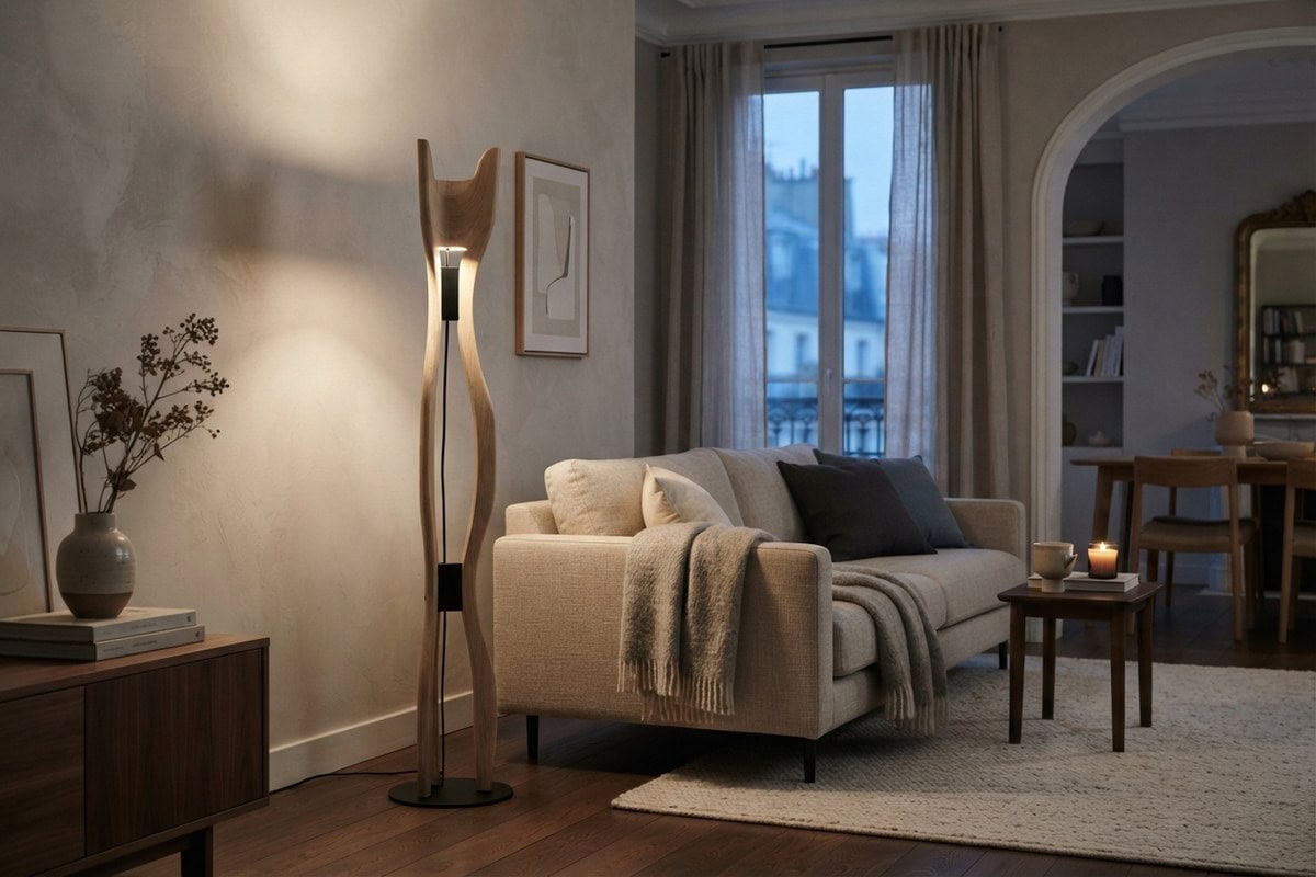 Lampadaire totémique en bois clair et métal noir posé près d'un canapé en lin dans un salon