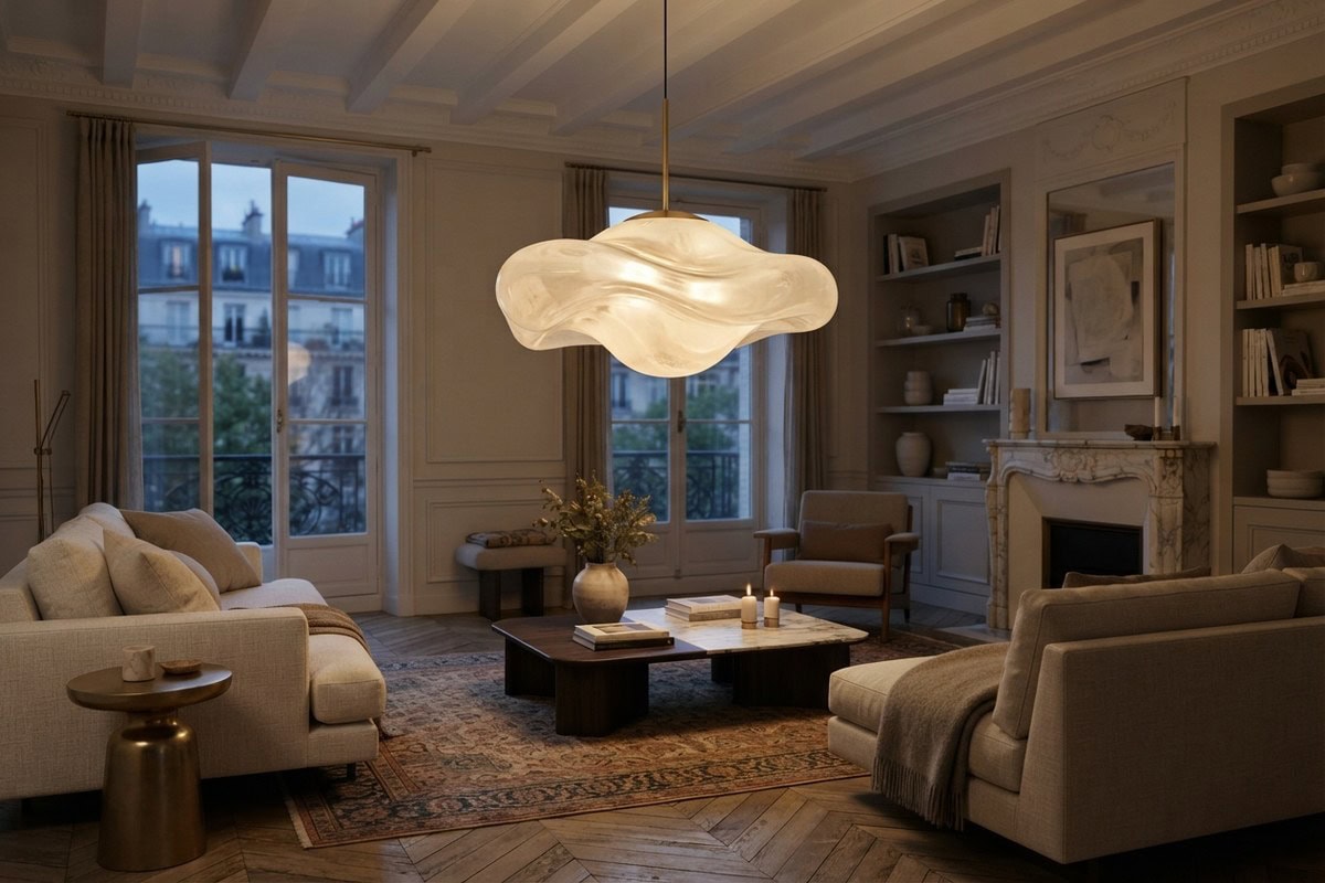 Grande suspension sculpturale en verre opalin ondulé éclairant un salon parisien au crépuscule