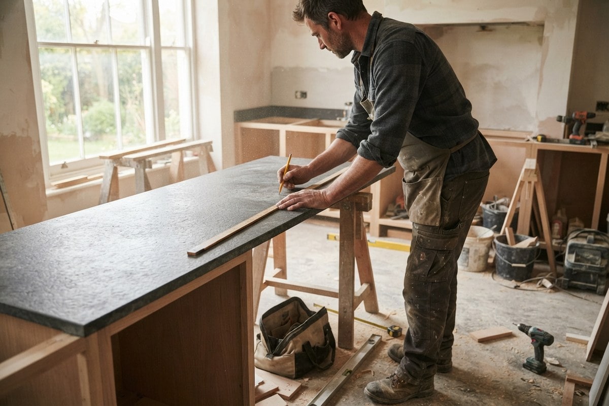 Un artisan trace une découpe au crayon sur un plan de travail sombre posé sur tréteaux dans une cuisine en chantier